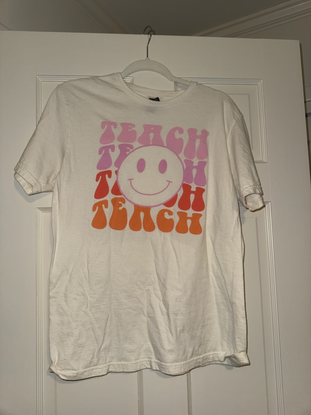 White Kids Graphic Tee with Pink & Orange Smiley Print